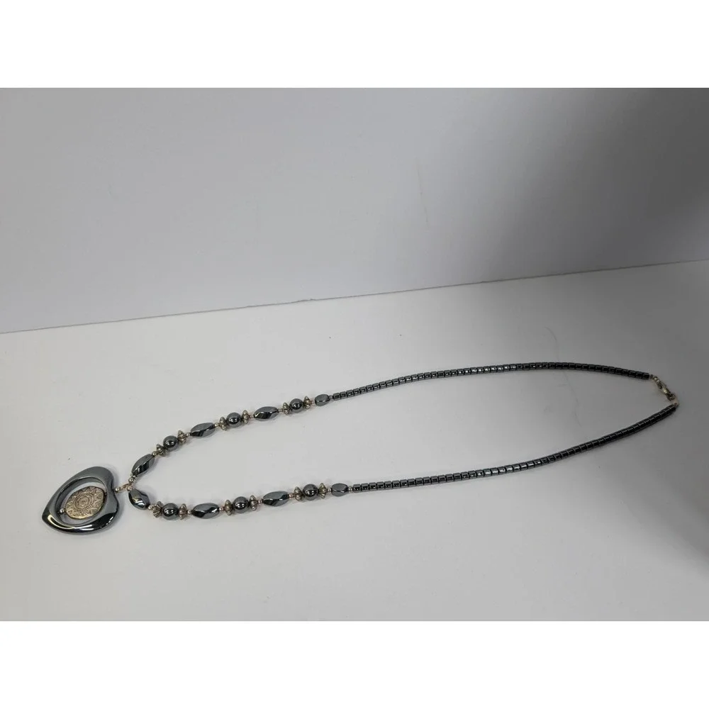 Vintage  Grey Hematite Heart Pendant Beaded‎ Length  24 In